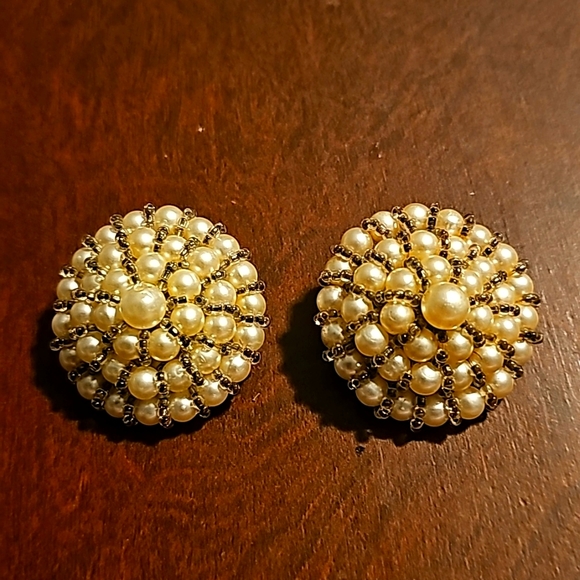 Vintage 1960's Hand-Made Faux Pearl Earrings, Clip-on, Retro Style, 2"×2" - Picture 2 of 3